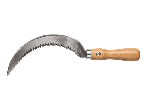 Serrated Sickle Hand Scythe Tool for Gardening and Harvesting Isolated on White Background Curved Steel Blade Wooden Handle Manual Agriculture Equipment Object Cutout Studio Shot Equipment Accessory