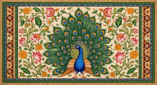 Exquisite Peacock Displayed Amidst Vibrant Floral Garden Artistry.