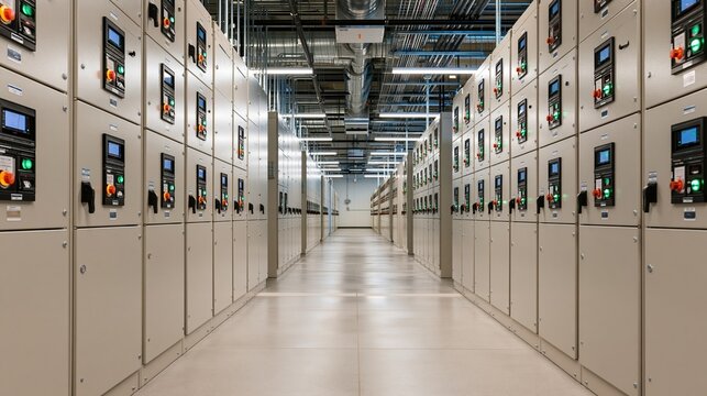 Modern industrial electrical control panel room with rows of equipment and lighting
