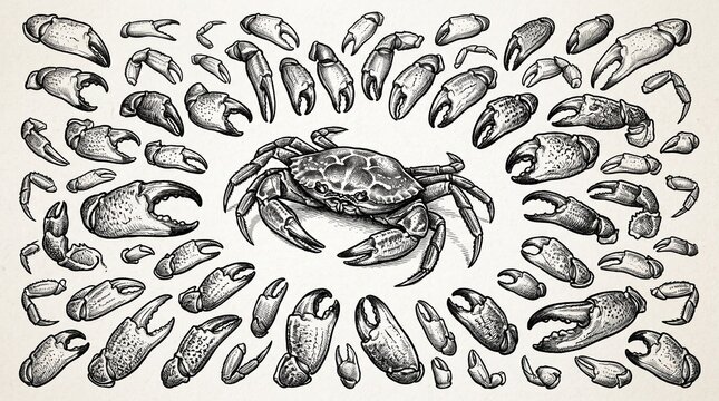 Detailed crab illustration radiates symmetry, surrounded by detached claws in circular arrangement, monochrome artistry emphasizes anatomy, texture, and striking balance in bold black‑and‑white compos