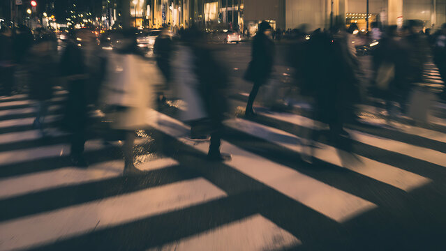 Blurry night scene of people crossing a busy street at a crosswalk.
