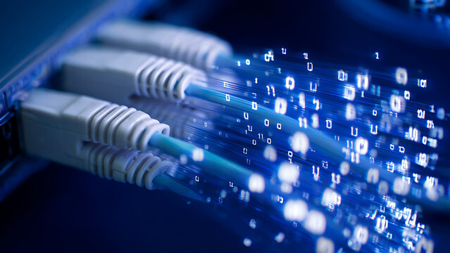 Close-up of Fiber Optic Cables Transmitting Digital Data with Blue Light.