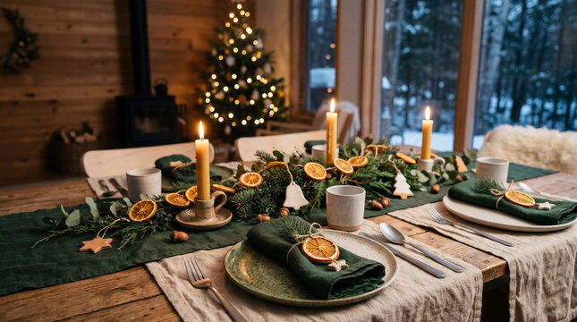 Cozy christmas dinner table setting with natural decorations and candles for festive holiday season celebration at home