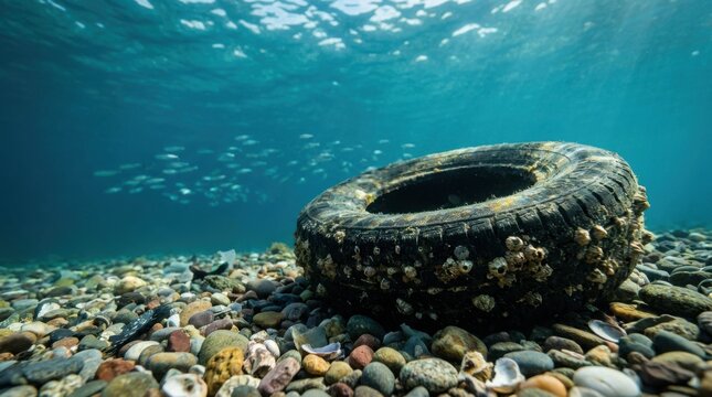 Old discarded car tire lying on the seabed with small fish swimming