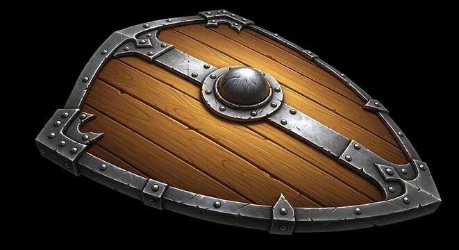 A detailed wooden medieval kite shield with metal reinforcement isolated on a black background.