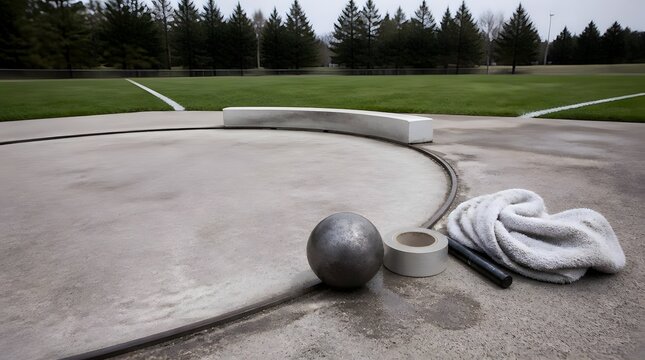 Heavy metal shot put ball on concrete circle with towel and tape at athletic field