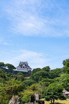 National Treasure Hikone Castle Keep viewed from Genkyuen Garden in Shiga, Japan.