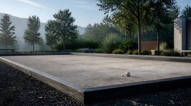 Outdoor bocce ball court with metal spheres on sandy ground in park