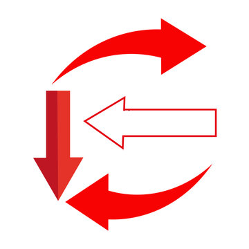 Title: Red Circular Arrows and Directional Exchange Symbol, Bold Red Recycling and Rotation Concept, Continuous Cycle, Transfer, Refresh, Update, Return, Movement and Workflow Icon Design