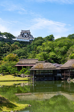National Treasure Hikone Castle Keep viewed over the pond at Genkyuen Garden in Shiga, Japan.