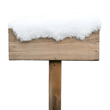 Blank wooden sign with fresh white snow on top, indicating winter information or a cold weather message, transparent background
