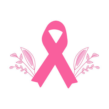 Breast Cancer Awareness Month pink ribbon illustration with floral elements. Flat vector illustration. Support, solidarity, community, campaign, charity.