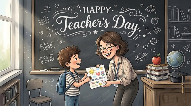 Happy teacher day with student giving greeting card in class