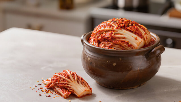 Fresh Korean napa cabbage kimchi in a traditional onggi clay pot on a kitchen counter, fermented hansik side dish with soft copy space