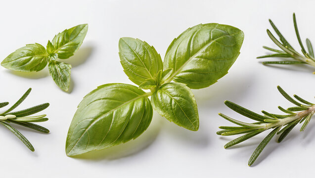 Fresh basil leaves and rosemary sprigs isolated on a clean white background, culinary herbs close up for recipe and packaging design