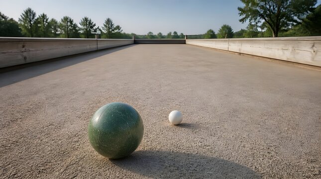 Bocce court outdoors with green throwing sphere and small white target jack