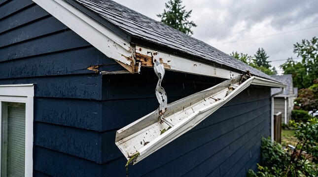 Dangling white metal rain gutter hangs precariously from the edge of a deep navy blue house roof after a heavy and destructive storm.