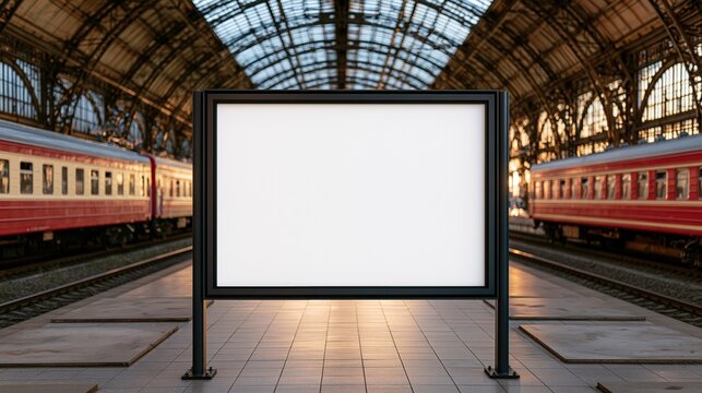 Blank billboard display at a train station platform with red trains on either side
