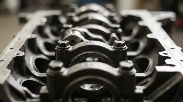 Close up of internal engine block with connecting rod caps