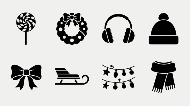 Simplified black icons showcasing holiday elements like candy cane, wreath, headphones, beanie, sleigh, ornaments, and scarf arranged in a cohesive graphic style.