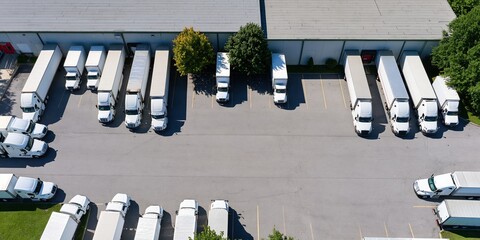 Fototapeta premium Aerial View of Semi-Trucks Lined Up at a Warehouse Loading Dock for Distribution
