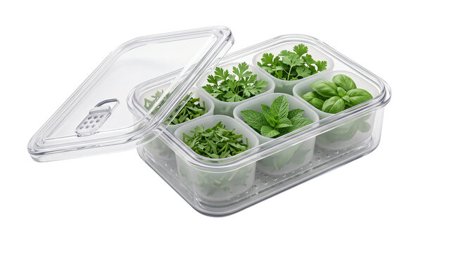 Clear plastic herb storage container with fresh green herbs. Transparent kitchen organizer for basil and parsley. Modern food preservation box. isolated PNG with Transparent Background