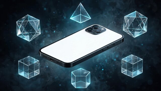 Futuristic Smartphone Surrounded by Geometric Shapes in Digital Space.
