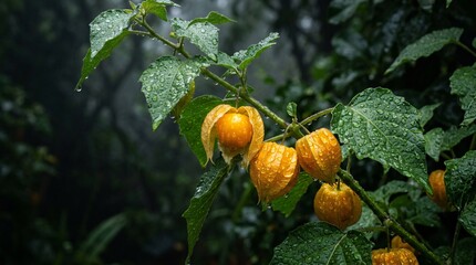 Obraz premium Fresh bright orange golden berries grow on a vibrant green leafy plant covered in sparkling rain droplets against a misty garden space.