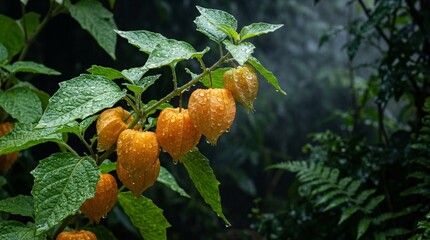 Fototapeta premium Fresh bright orange golden berries grow on a vibrant green leafy plant covered in sparkling rain droplets against a misty garden space.