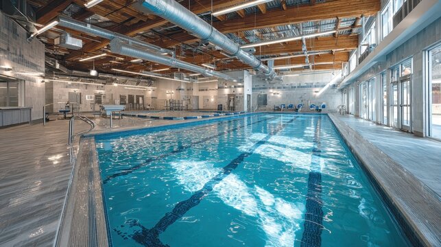 Indoor swimming pool with blue water, wooden ceiling, and open ductwork. Perfect for health, recreation, fitness, and leisure related marketing.