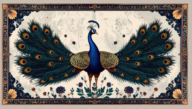 Exquisite Peacock Displaying Its Vibrant Plumage in a Decorative Setting.