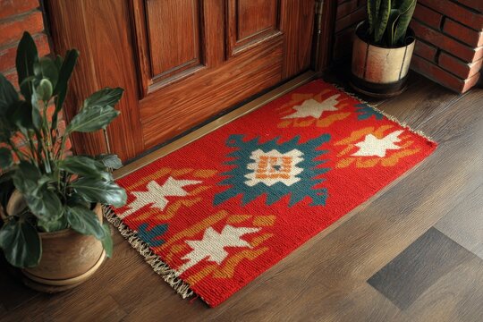 Red welcome mat with pattern by the wooden door and plants. Use this for your home interior or design, rustic look.