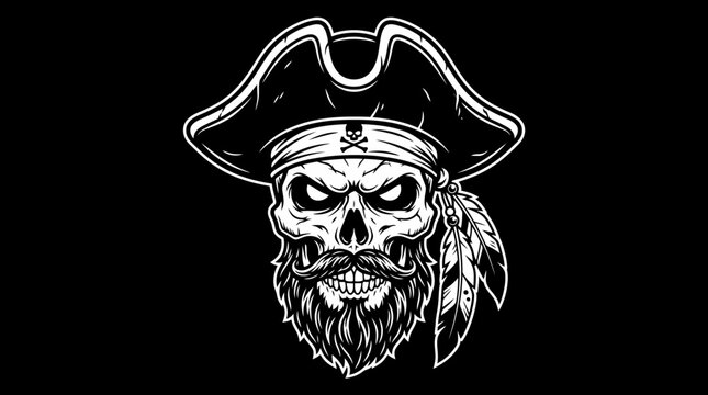 Bearded pirate skull wearing bicorne hat mascot.