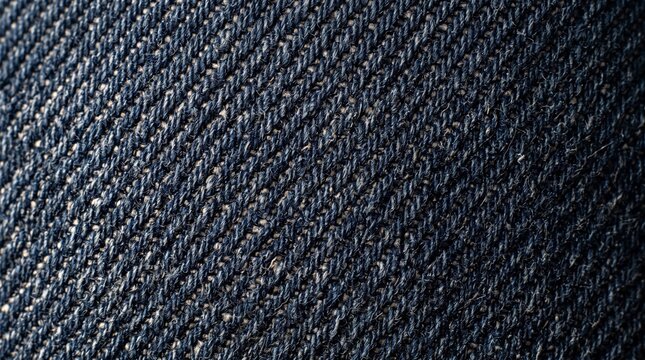 Extreme close-up of a dark blue denim fabric showing its woven texture and detailed threads