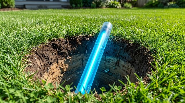 Futuristic glowing neon blue tube is installed inside a perfectly cylindrical hole dug into a lush green lawn showcasing layered soil.