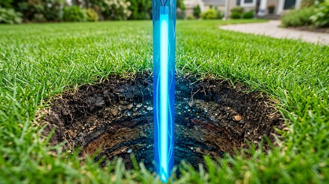 Futuristic glowing neon blue tube is installed inside a perfectly cylindrical hole dug into a lush green lawn showcasing layered soil.