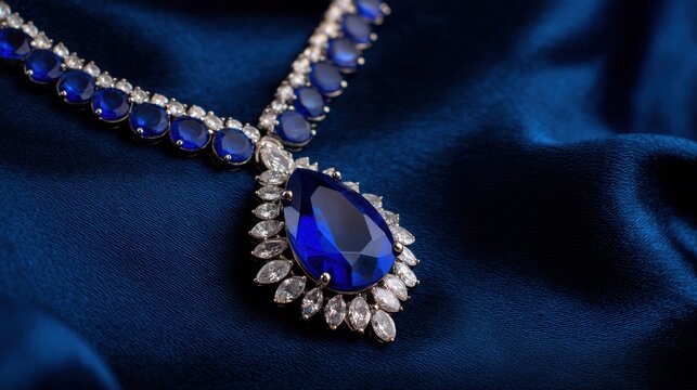 A stunning blue gemstone pendant necklace elegantly draped on a rich blue fabric background