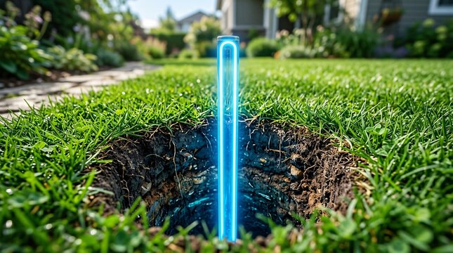 Futuristic glowing neon blue tube is installed inside a perfectly cylindrical hole dug into a lush green lawn showcasing layered soil.