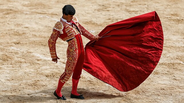 Bullfighter holding red cape in arena