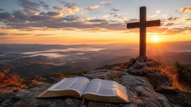 Wooden cross and open Holy Bible on mountain summit at sunrise symbolizing Christian faith hope and worship