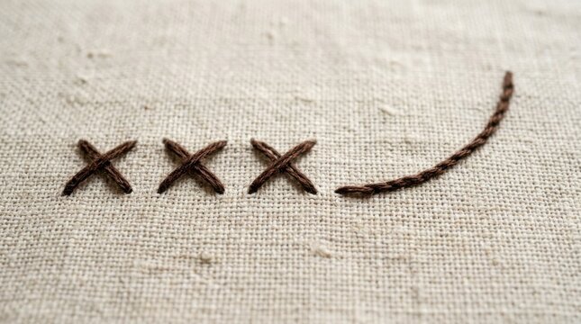 Three black stitched cross marks and a curved line made with dark thread on a clean plain white background surface