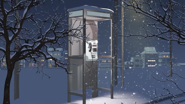 Phone booth and snowy landscape