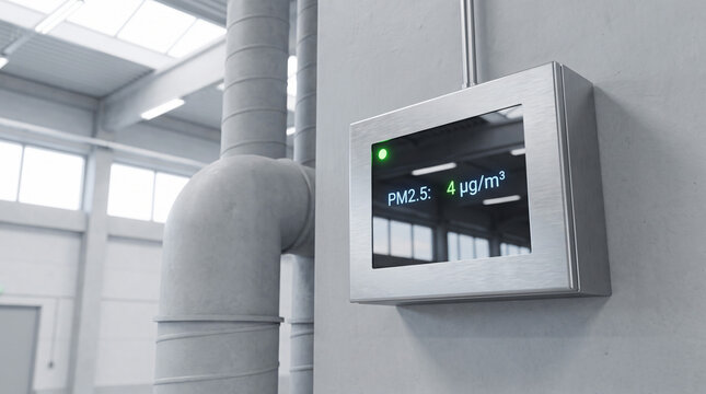 Indoor air quality monitor displaying low PM2.5 particulate matter level in industrial building