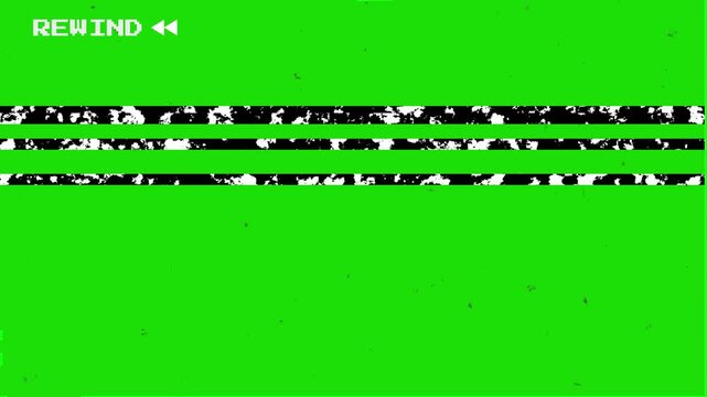 VCR Rewind Animation on Green Screen with VHS Tape Distortion, Analog Glitch Effect and Static Tracking Lines. Animated REWIND Text 4K Video
