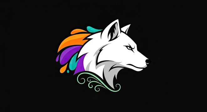 White wolf head profile with colorful rainbow mane.