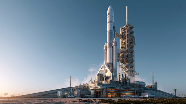 Modern space rocket standing on launch pad with metallic gantry during clear blue sky.