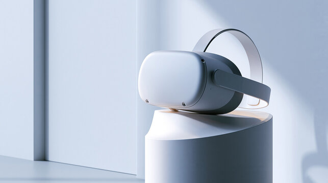 Modern virtual reality headset on display stand in minimalist interior for gaming and immersive entertainment.