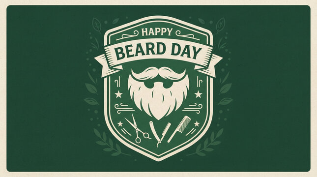 Happy Beard Day vintage badge, retro hipster barbershop label, old school shield emblem with mustache, facial hair celebration greeting card design, green cream vector illustration