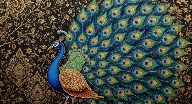 Exquisite Peacock Displaying Vibrant Plumage Against Ornate Background.
