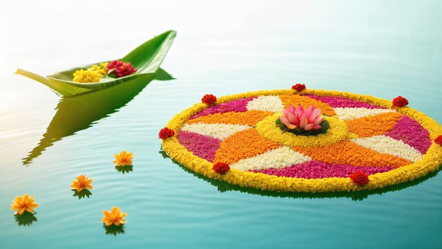 Flower pookalam rangoli floating on water during Onam festival. Traditional Indian floral decoration for harvest celebration. Colorful petal mandala art display in natural pond setting.